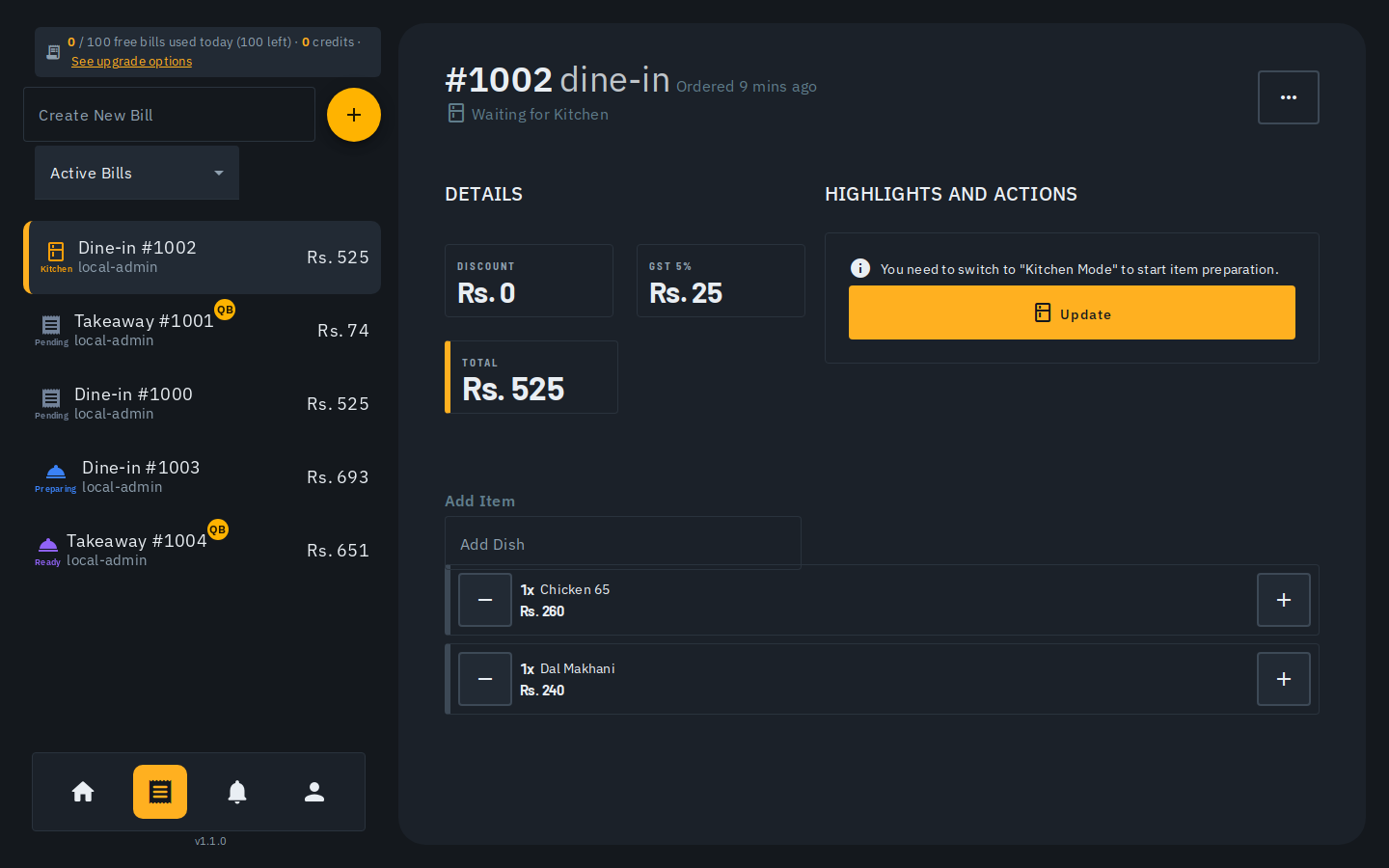 The Biller billing board with active bills and one-tap bill creation